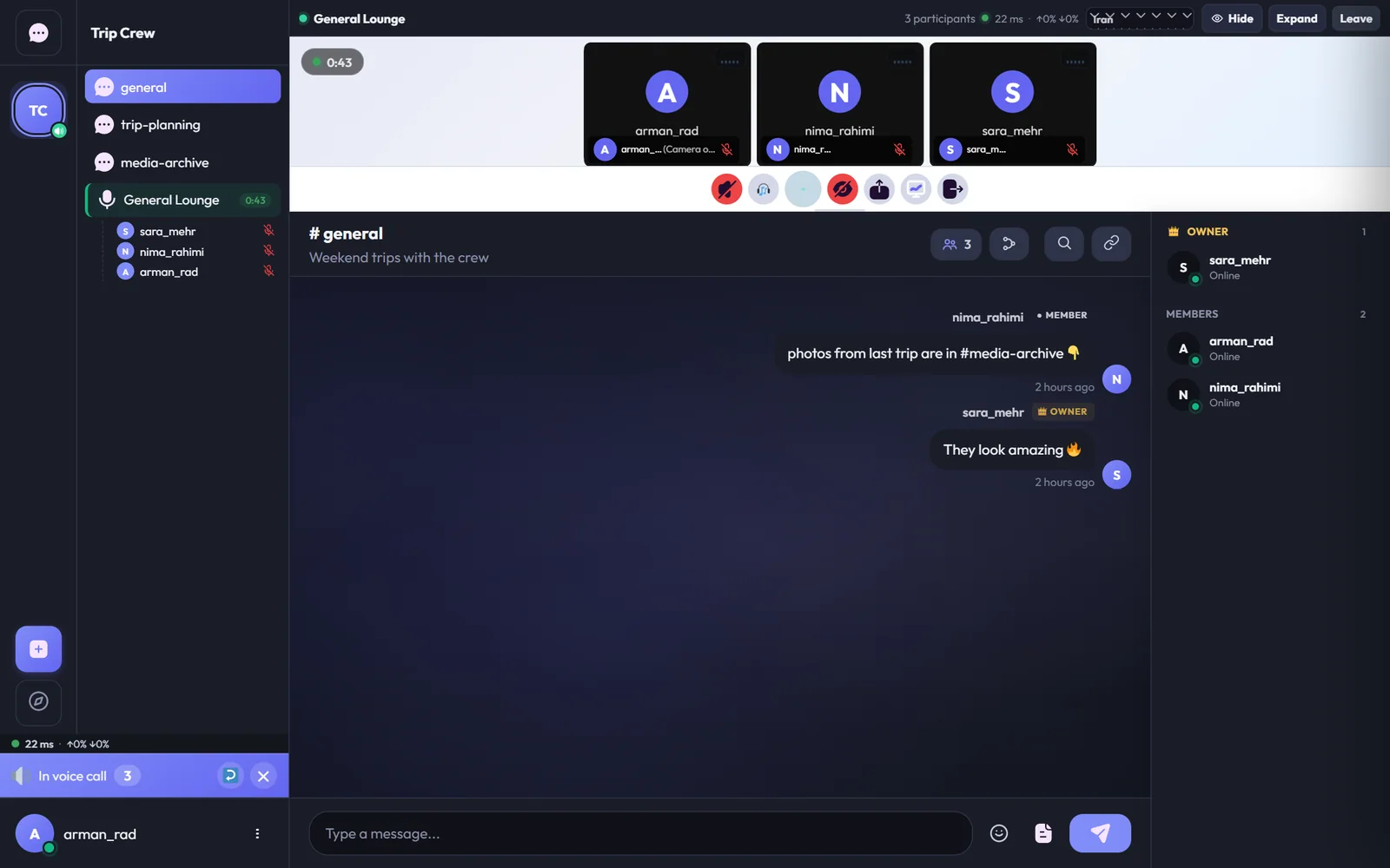 Real InTeraNet voice channel with three live participants